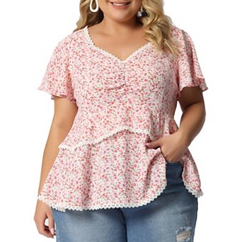 Plus Size Tiered Blouse for Women Floral Babydoll Sweetheart Ruffle Short Sleeve Top
