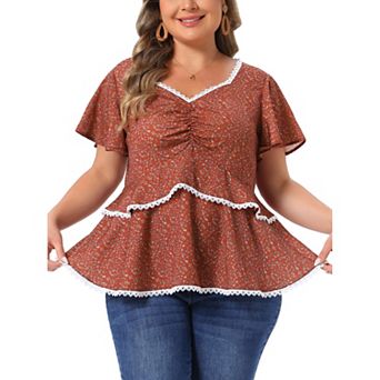 Plus Size Tiered Blouse for Women Floral Babydoll Sweetheart Ruffle Short Sleeve Top