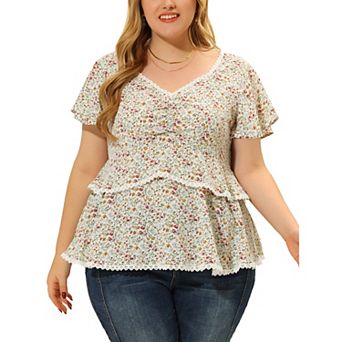 Plus Size Tiered Blouse for Women Floral Babydoll Sweetheart Ruffle Short Sleeve Top