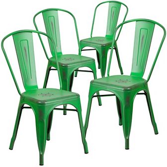 Emma and Oliver Commercial Grade 4 Pack Distressed Metal Indoor-Outdoor Stackable Chair