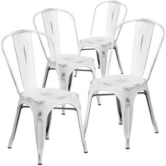 Emma and Oliver Commercial Grade 4 Pack Distressed Metal Indoor-Outdoor Stackable Chair