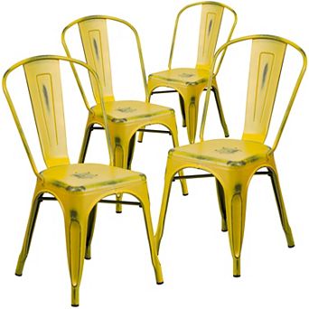 Emma and Oliver Commercial Grade 4 Pack Distressed Metal Indoor-Outdoor Stackable Chair