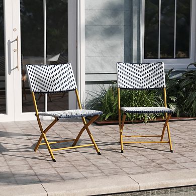 Emma and Oliver Ciel Set of Two Folding French Bistro Chairs in PE Rattan with Metal Frames for Indoor and Outdoor Use