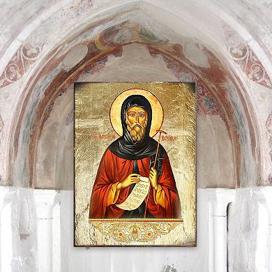 G.Debrekht Saint Antoni Wooden Gold Plated Religious Christian Sacred Icon Inspirational Icon Décor