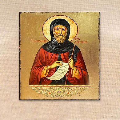 G.Debrekht Saint Antoni Wooden Gold Plated Religious Christian Sacred Icon Inspirational Icon Décor