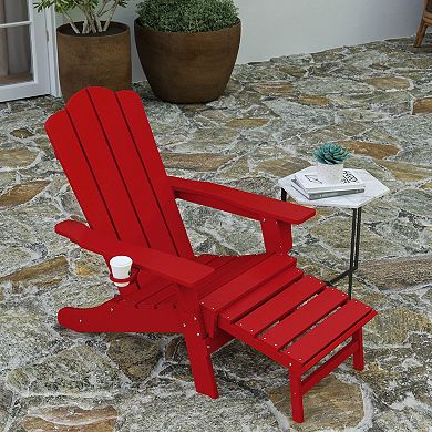 Merrick Lane Nassau Adirondack Chair with Cup Holder and Pull Out Ottoman, All-Weather HDPE Indoor/Outdoor Lounge Chair
