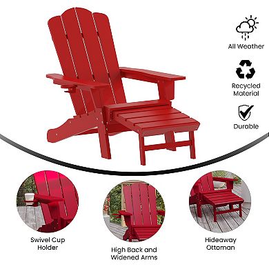 Merrick Lane Nassau Adirondack Chair with Cup Holder and Pull Out Ottoman, All-Weather HDPE Indoor/Outdoor Lounge Chair