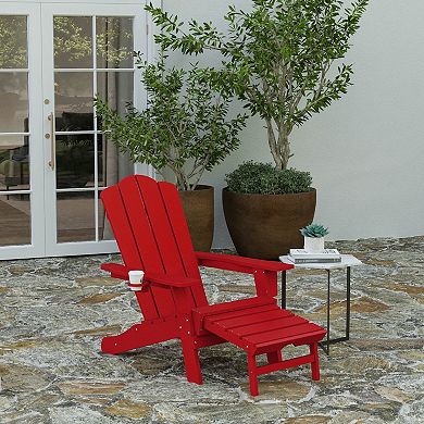 Merrick Lane Nassau Adirondack Chair with Cup Holder and Pull Out Ottoman, All-Weather HDPE Indoor/Outdoor Lounge Chair