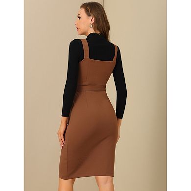 Women's Button Decor Bow Tie Waist Suspender Overall Jumper Dress