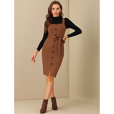 Women's Button Decor Bow Tie Waist Suspender Overall Jumper Dress