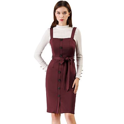 Allegra K Women s Button Decor Strap Sheath Suspender Overall Jumper Dress Burgundy XL