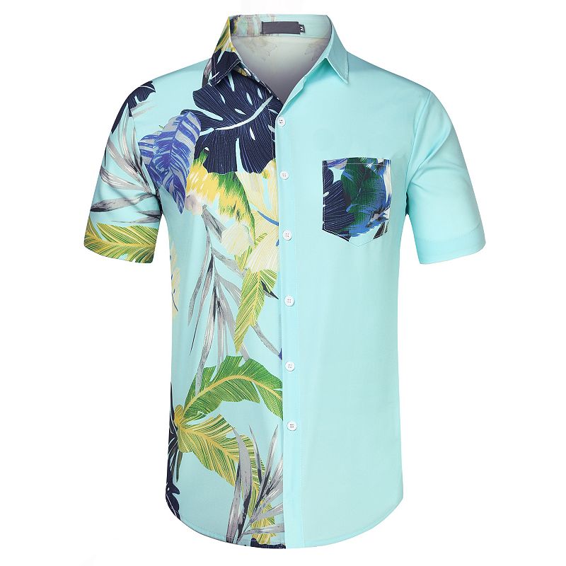 Lars Amadeus Men's Hawaiian Shirt Short Sleeves Summer Patchwork Floral  Leaf Shirts Yellow Green Small