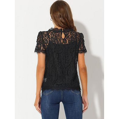 Women's Scalloped Trim Semi Sheer Floral Lace Top