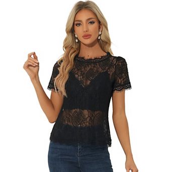 Women's Scalloped Trim Semi Sheer Floral Lace Top