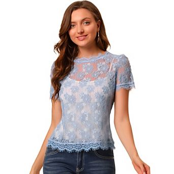 Women's Scalloped Trim Semi Sheer Floral Lace Top