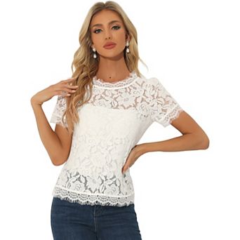 Women's Scalloped Trim Semi Sheer Floral Lace Top