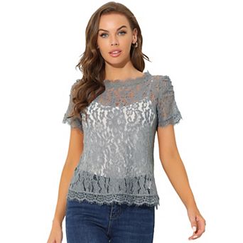 Women's Scalloped Trim Semi Sheer Floral Lace Top