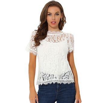 Women's Scalloped Trim Semi Sheer Floral Lace Top