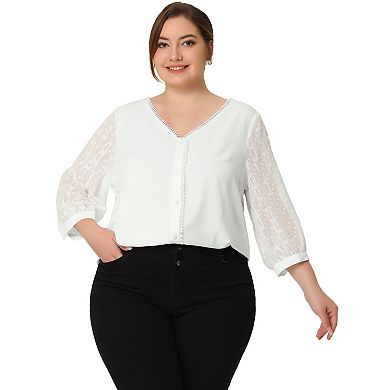 Spring Plus Size Women's V Neck Lace 3/4 Sleeves Top Casual Blouse