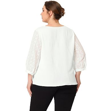 Spring Plus Size Women's V Neck Lace 3/4 Sleeves Top Casual Blouse