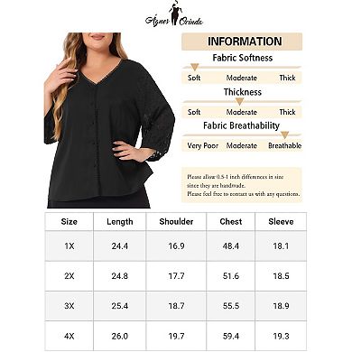 Spring Plus Size Women's V Neck Lace 3/4 Sleeves Top Casual Blouse