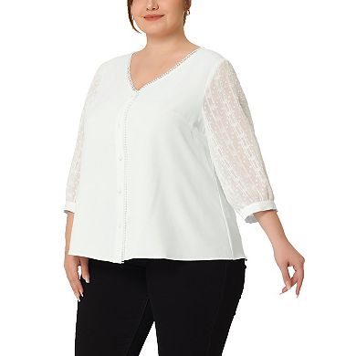 Spring Plus Size Women's V Neck Lace 3/4 Sleeves Top Casual Blouse
