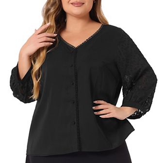 Spring Plus Size Women's V Neck Lace 3/4 Sleeves Top Casual Blouse