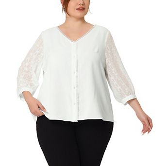 Spring Plus Size Women's V Neck Lace 3/4 Sleeves Top Casual Blouse
