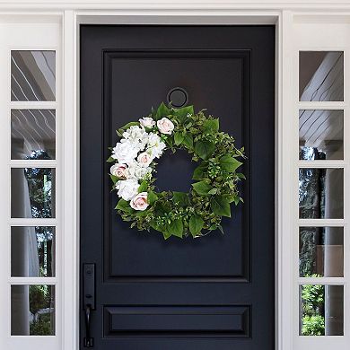 24" Rose Hydrangea and Greenery Wreath with Natural Grapevine Base