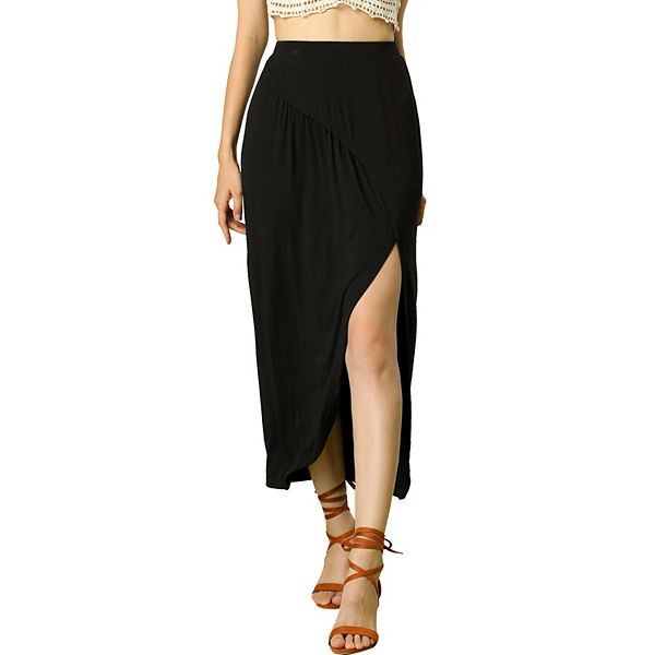 Women's Long Casual Elastic Waist Side Split Slit Asymmetrical Skirt