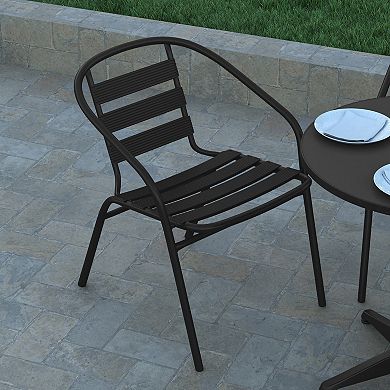 Emma and Oliver Jens Metal Indoor/Outdoor Dining Chair with Triple Slatted Back and Armrests