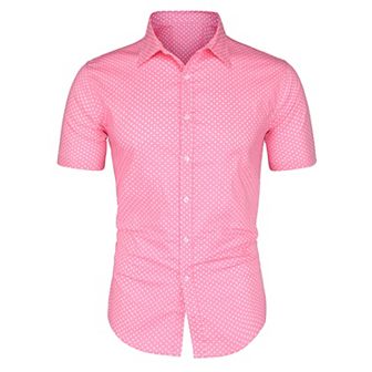 Men's Polka Dots Printed Dress Short Sleeves Button Down Shirt