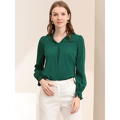 Women's V Neck Round Hem Blouse Long Sleeve Top