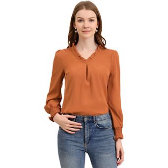 Women's V Neck Round Hem Blouse Long Sleeve Top