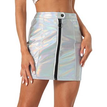 Women's Metallic Zipper Front High Waist Holographic Mini Short Skirt