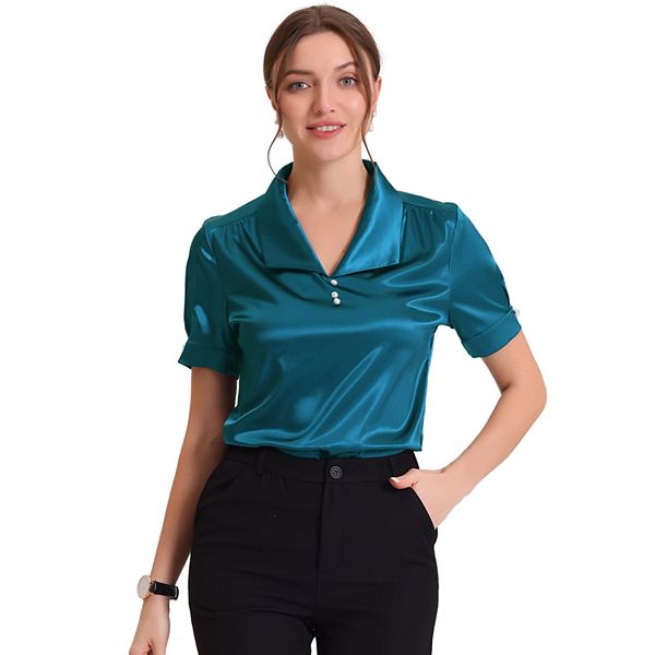 Women's Summer Work Blouse Turndown Collar Top Pearl Button Decor Short ...