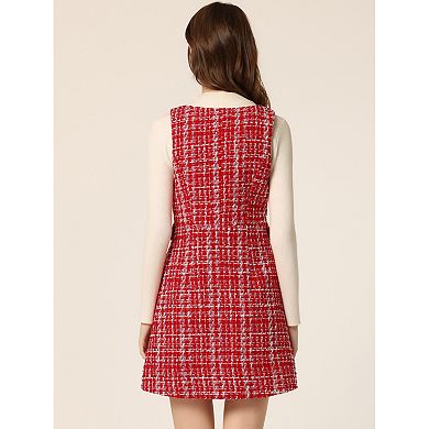 Women's Button V Neck Plaid Tweed High Waist Office Overall Dress