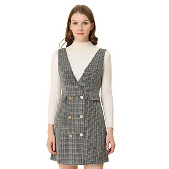 Women's Button V Neck Plaid Tweed High Waist Office Overall Dress