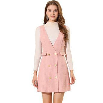 Women's Button V Neck Plaid Tweed High Waist Office Overall Dress