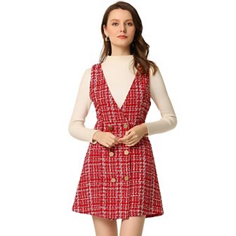 Women's Button V Neck Plaid Tweed High Waist Office Overall Dress