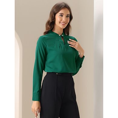 Women's Pleated Mock-Neck Pearl Decor Elegant Work Blouse Top