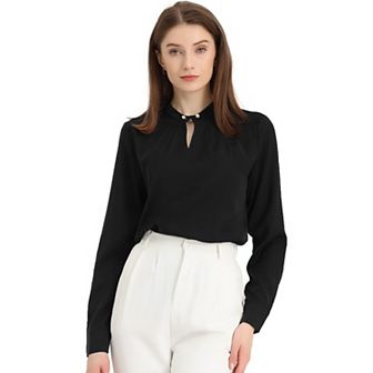 Women's Pleated Mock-Neck Pearl Decor Elegant Work Blouse Top
