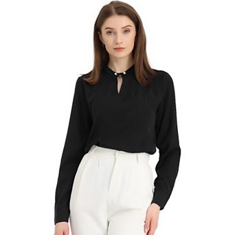 Women's Pleated Mock-Neck Pearl Decor Elegant Work Blouse Top