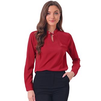 Women's Pleated Mock-Neck Pearl Decor Elegant Work Blouse Top