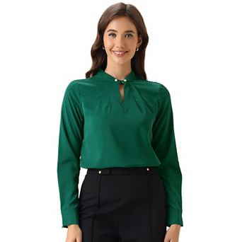 Women's Pleated Mock-Neck Pearl Decor Elegant Work Blouse Top