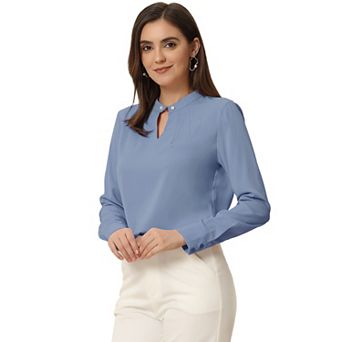 Women's Pleated Mock-Neck Pearl Decor Elegant Work Blouse Top