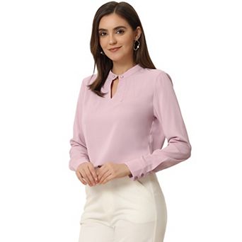 Women's Pleated Mock-Neck Pearl Decor Elegant Work Blouse Top