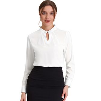 Women's Pleated Mock-Neck Pearl Decor Elegant Work Blouse Top