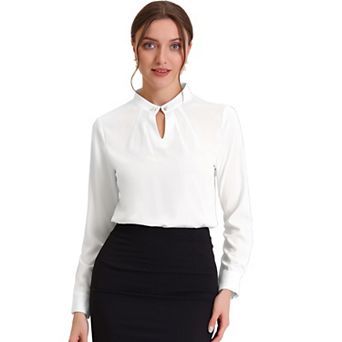 Women's Pleated Mock-Neck Pearl Decor Elegant Work Blouse Top
