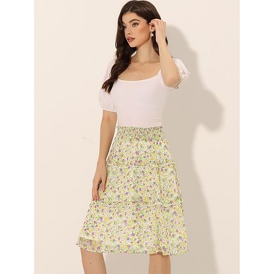 Women's Floral Chiffon Elastic Waist Layer Ruffle Hem Midi Skirt